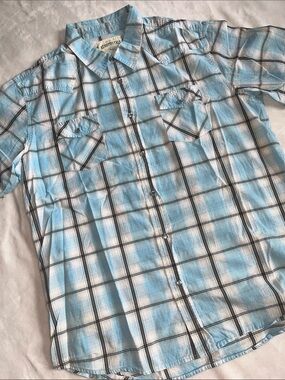 VINTAGE-Aeropostale Light Blue & White Plaid Short-Sleeve Button-Down Shirt